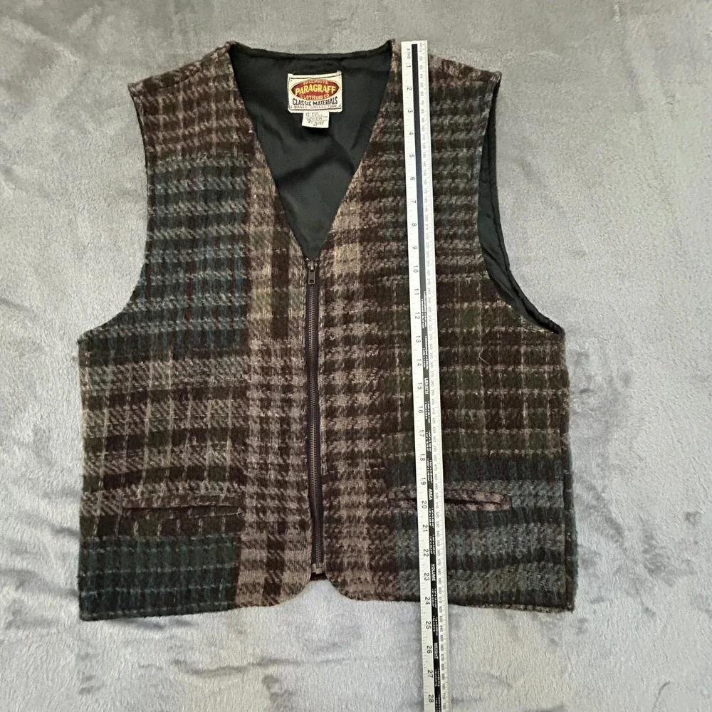 Vintage Paragraff Wool Blend Patchwork Plaid Zip Vest Mens M Lined Rustic Cabin